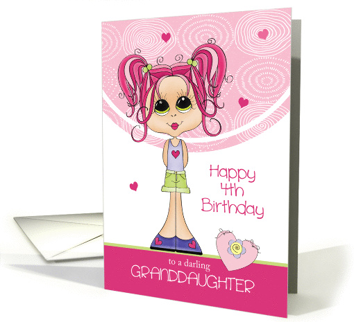 Granddaughter 4th Birthday - Cute Girl with Pink Hearts card (1383568)