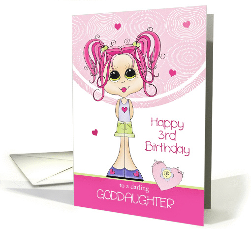Goddaughter 3rd Birthday - Cute Girl with Pink Hearts card (1383710)