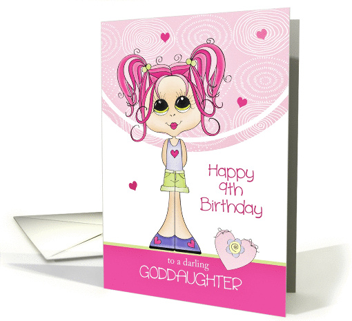 Goddaughter 9th Birthday - Cute Girl with Pink Hearts card (1383744)