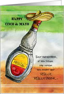 Happy Cinco de Mayo Humor Mezcal Bottle with Worm and Sombrero card