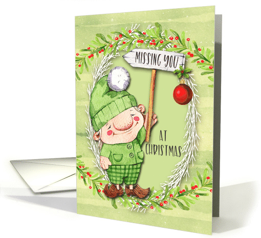 Missing You at Christmas Cute Fairy Gnome with Sign and Ornament card