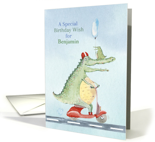 Happy Birthday Custom Name for Boys Crocodile Riding a Scooter card