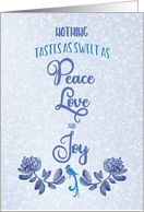Christmas Peace Love and Joy Bluebird with Flowers card