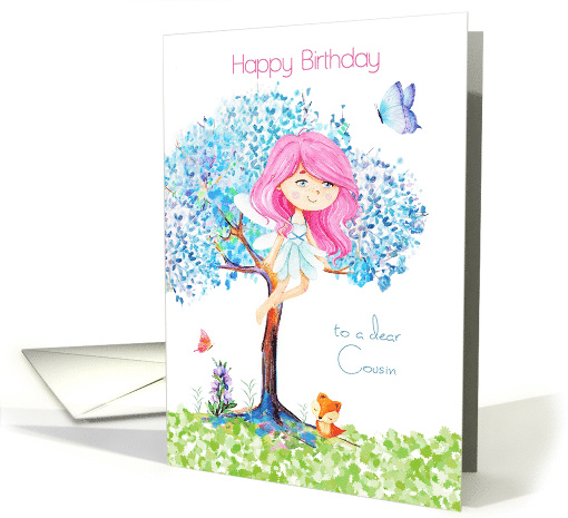 Happy Birthday for Cousin Cute Fairy Fox and Butterflies card