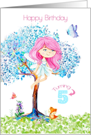 Happy 5th Birthday for Girl Cute Fairy Fox and Butterflies card