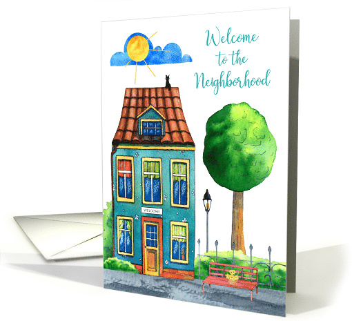 Welcome to the Neighborhood - Watercolor Cozy Home with Black Cat card