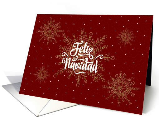 Merry Christmas Spanish Language Red and Gold Snowflakes card