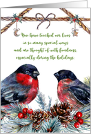 Merry Christmas Bullfinches Pinecones Holly Berries and Ornaments card