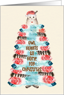 Owl Hearts Go Home for Christmas Cute Owl and Feather Christmas Tree card