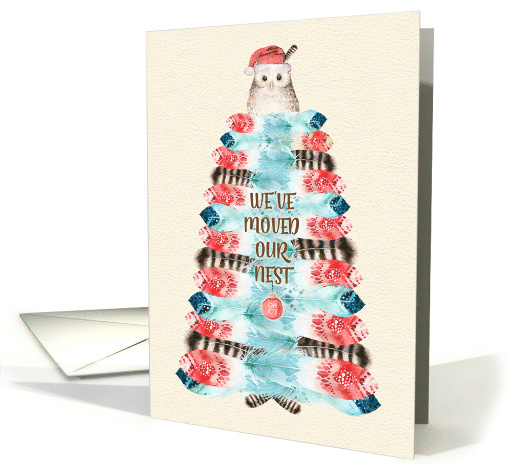 We've Moved Our Nest Cute Owl and Feather Christmas Tree card