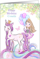 Happy Birthday for Cousin Princess with Unicorn and Balloons card