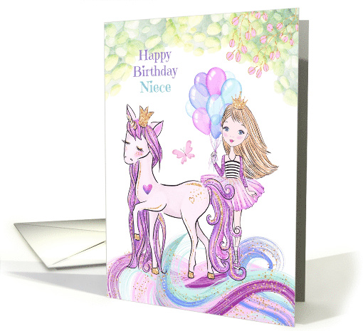 Happy Birthday for Niece Princess with Unicorn, Balloons... (1526332)
