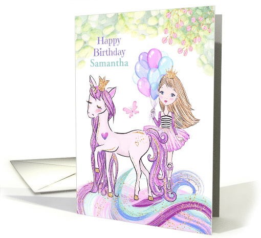 Girl's Birthday Custom Name Princess with Unicorn, Balloons card