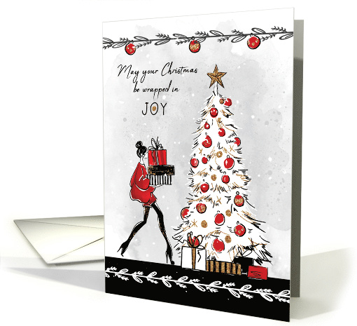 Christmas Stylish Female with Gifts and Christmas Tree card (1544124)