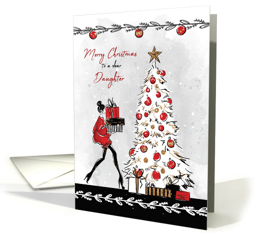 Christmas for Daughter Stylish Lady with Gifts and Christmas Tree card