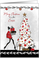 Christmas for Cousin Stylish Lady with Gifts and Christmas Tree card