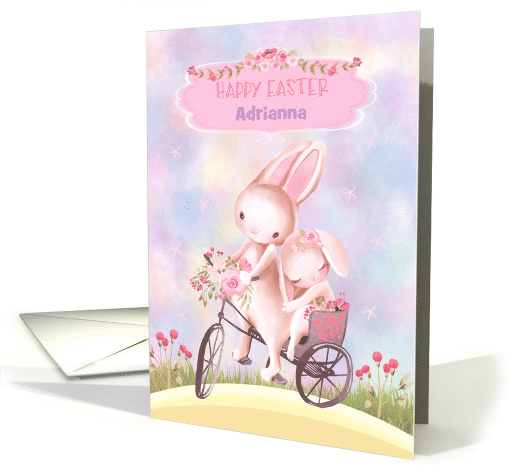 Happy Easter Sweet Bunnies on a Bicycle Custom Name card (1560850)