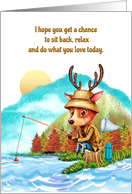 Happy Father’s Whimsical Deer Sitting on a Tree Stump Fishing card