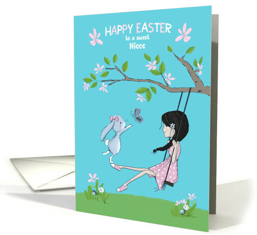 Happy Easter to Niece Girl on Swing with a Bunny and Butterfly card