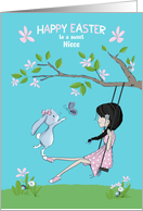 Happy Easter to Niece Girl on Swing with a Bunny and Butterfly card