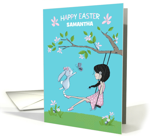 Happy Easter Custom Name Girl on Swing, Bunny and Butterfly card