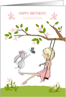 Happy Birthday Custom Name, Girl on Swing, Bunny and Butterfly card