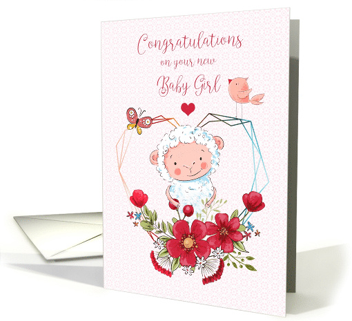 Congratulations New Baby Girl Little Lamb with Butterfly and Bird card
