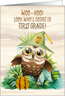 Back to School to First Grade Owl with Backpack card