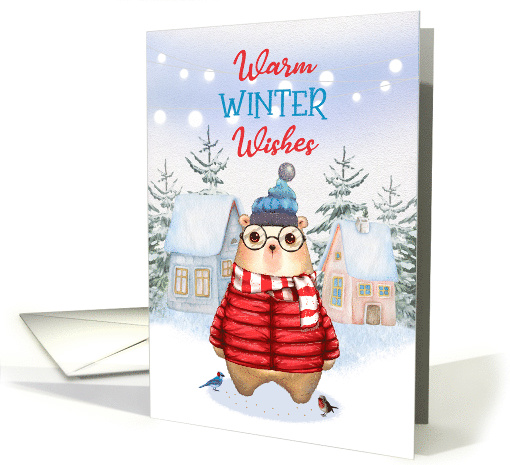 Christmas Bear, Winter Birds String of Lights Snow Scene card