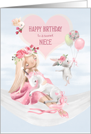 Happy Birthday Niece Ballerina with Unicorn Rabbit with Balloons card