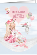 Happy Birthday Great Niece Ballerina with Unicorn,Rabbit with Balloons card