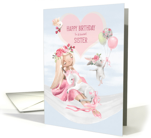 Happy Birthday Sister Ballerina, Unicorn, Rabbit with Balloons card