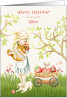 Happy Birthday to Sister, Country Girl with Rooster, Kitten and Dog card