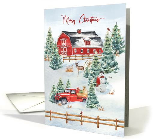 Christmas on the Farm Red Barn Deer Snowman and Cardinals card