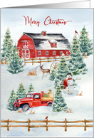 Christmas on the Farm Red Barn Deer Snowman and Cardinals card