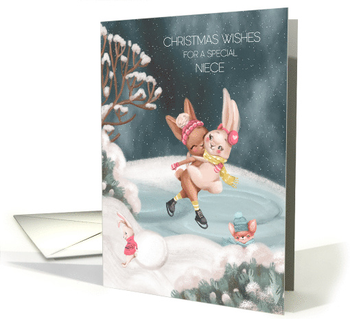 Christmas for Young Niece Bunnies Ice Skating on Winter Pond card