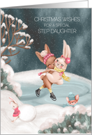 Christmas for Young Step Daughter Bunnies Ice Skating on Winter Pond card