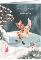 Christmas for Girls Custom Name Bunnies Ice Skating on Winter Pond card