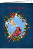 Merry Christmas Red Cardinal Wreath and Bells card