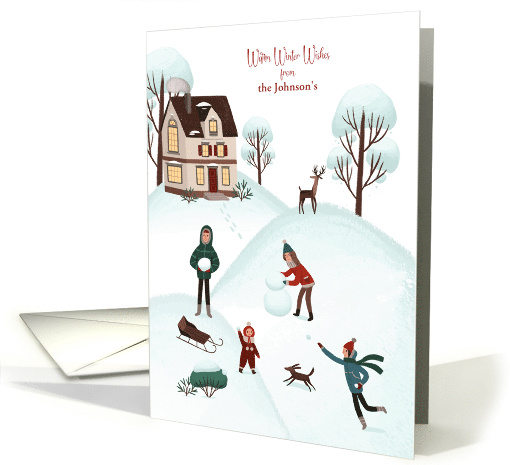 Christmas Warm Winter Wishes Custom Name Family Fun in the Snow card