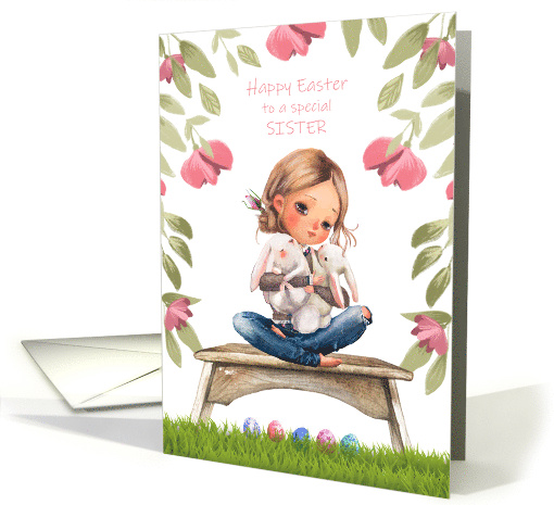 Happy Easter to Young Sister Bunny Hugs and Easter Eggs card (1674636)