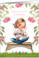 Easter for Girls Bunny Hugs and Easter Eggs Custom Name card