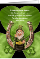 St. Patrick’s Day Leprechaun with Pot of Gold Clovers and Horseshoe card