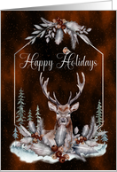 Christmas Happy Holidays Deer Stag in Woodlands Leaves and Berries card