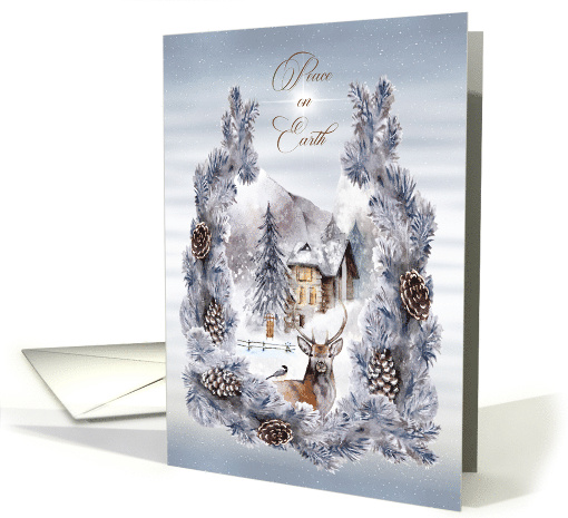 Peace on Earth Christmas House with Deer and Winter Snow Scene card