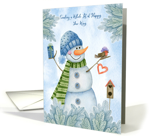 Christmas Snowman with Bird Birdhouse Heart Gift and Greenery card