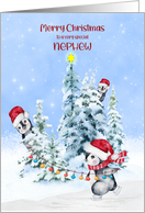 Christmas for Young Nephew Penguins Ice Skating Decorating Trees card