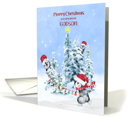Christmas for Young Godson Penguins Ice Skating Decorating Trees card