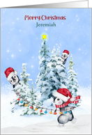 Christmas Custom Name Penguins Ice Skating Decorating Trees card