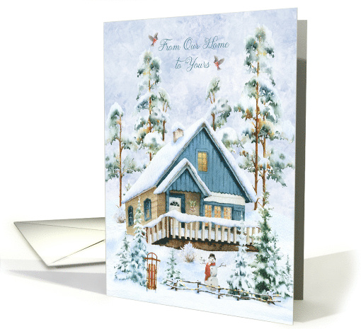 Christmas From Our Home to Yours Snowy Cottage Snowman and Sled card